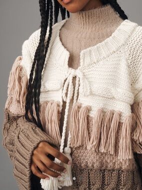 Anthropologie Colorblock Fringe Tie-Front Cardigan in Cream and Taupe